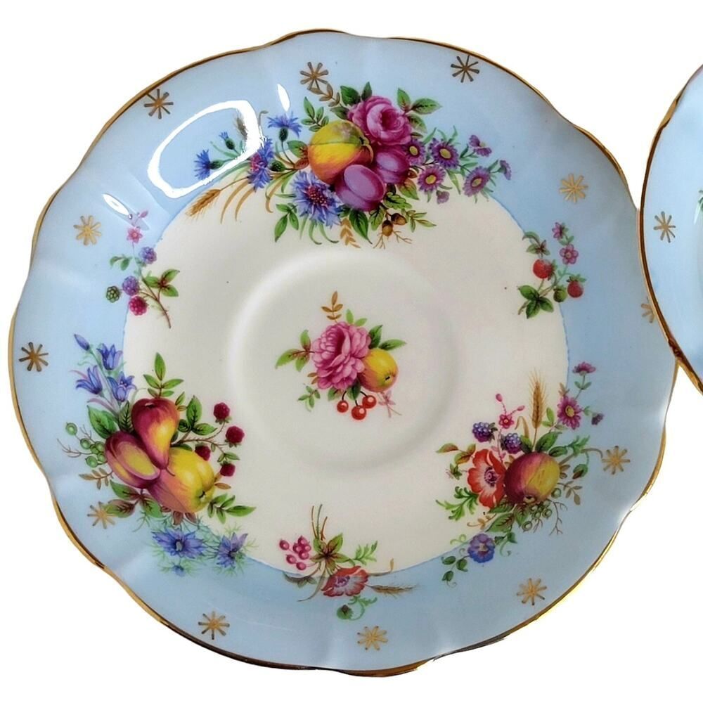 Vtg E.B Foley Beautiful Cup & Saucer Fruit Floral Sky Blue Wide Mouth Gold Rim - Picture 5 of 12